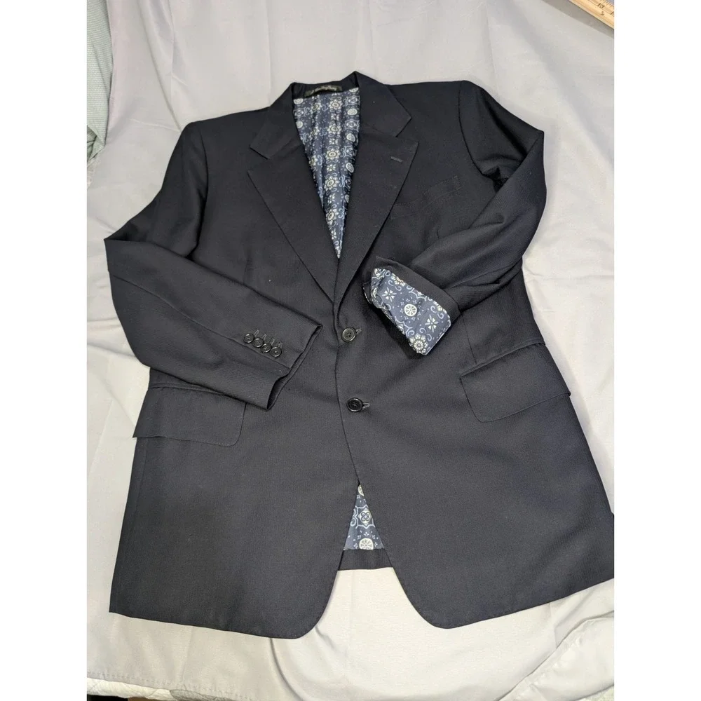 Vtg Bespoke Hong Kong Tailored Navy Blazer A. Man Hing Cheong Custom‎ Lined 42R